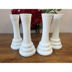 Vintage Milk Glass Pedestal Bud Vases Ribbed Wedding Holiday Decor‎ Centrepiece